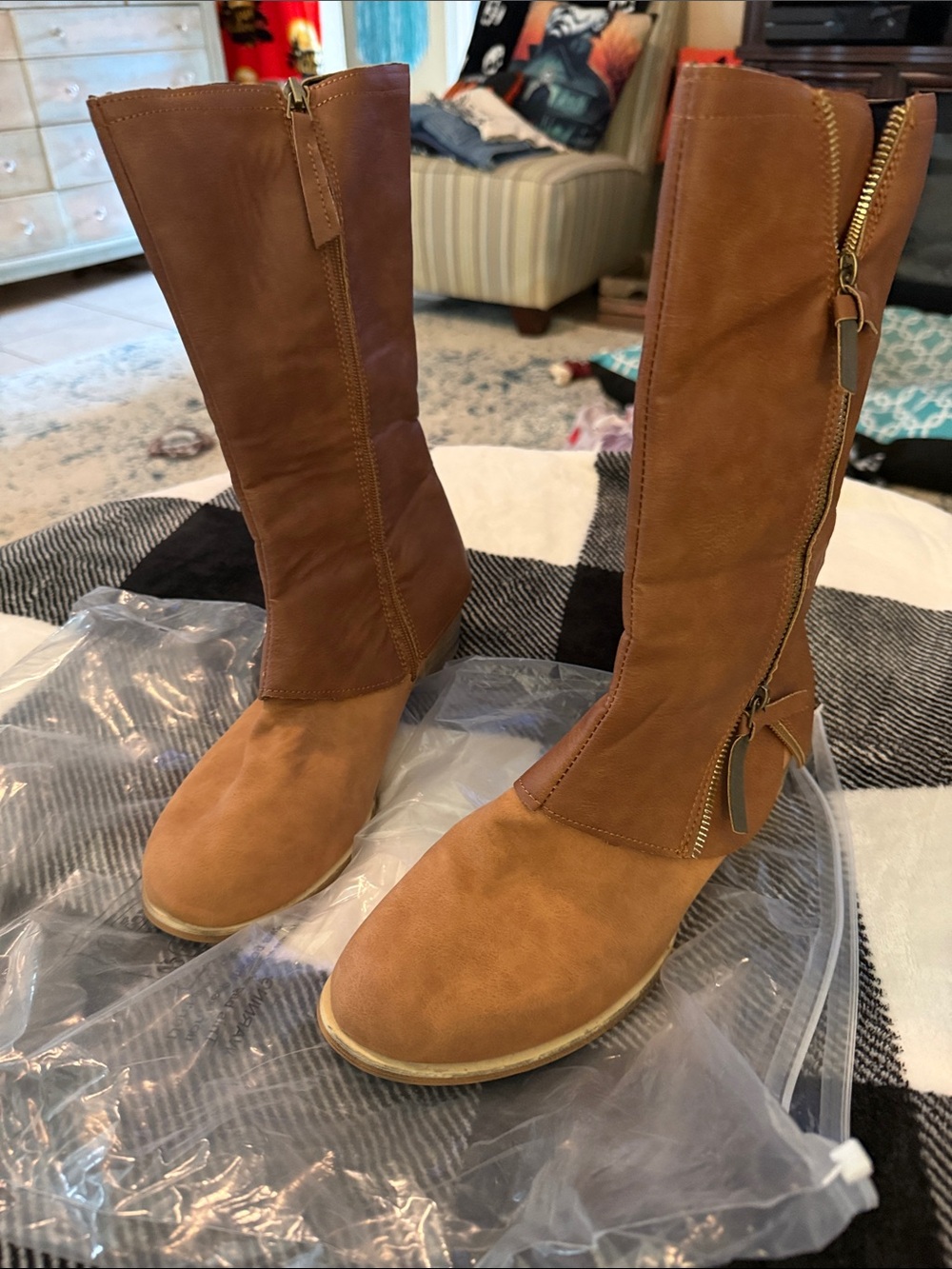 Women's Distressed Zip Rustic Brown Riding Boots - Picture 2 of 16